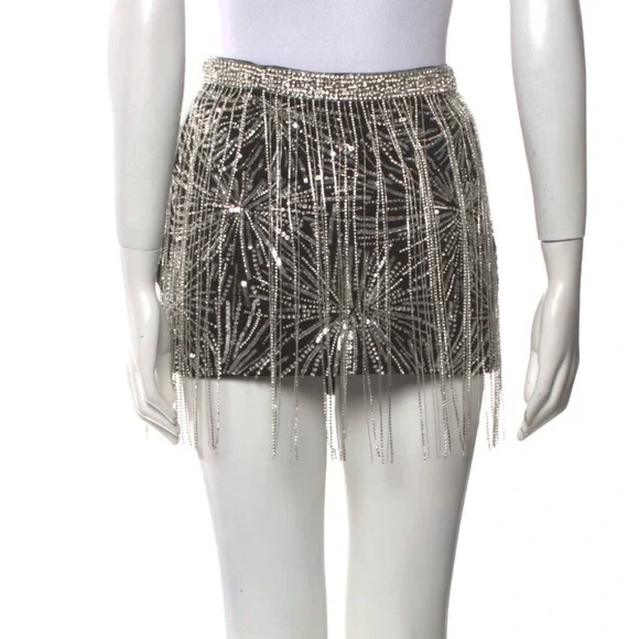 Retrofete Beatrix Fringe Embellished Silver Black Sequin Sparkly Mini Skirt - Picture 6 of 14
